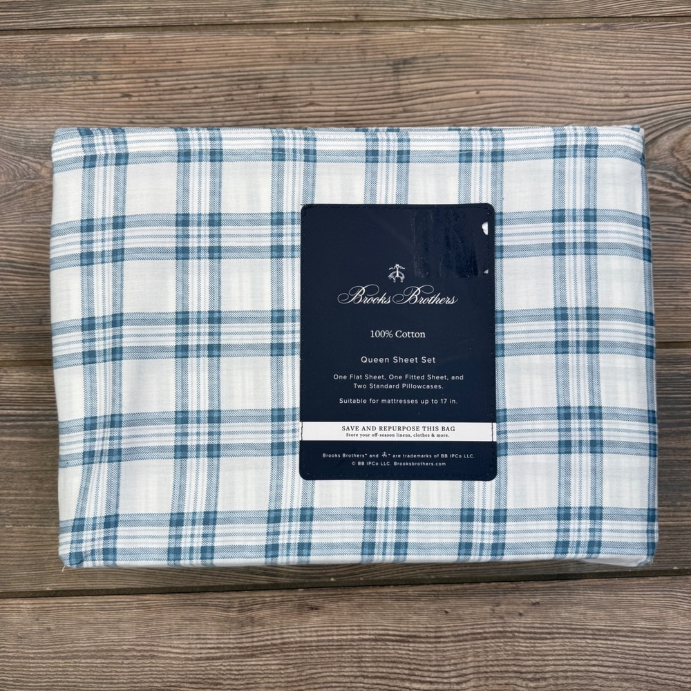 Brooks Brothers Queen Sheet Set Blue White Plaid 100% Cotton 4pc‎ New